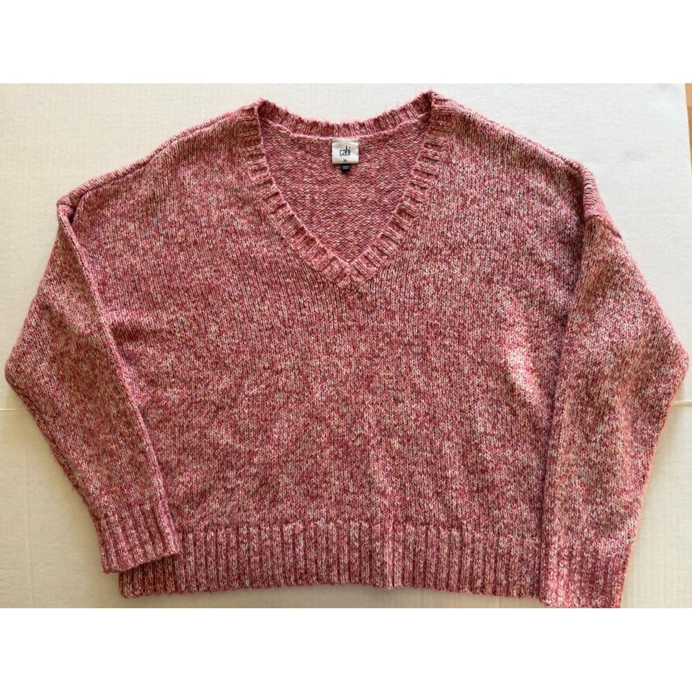 Cabi Women’s Boxy Heather Pink Sweater XL Cozy Cotton Blend V Neck Long Sleeve